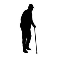 An elderly man wearing a hat walks while using a cane for support vector