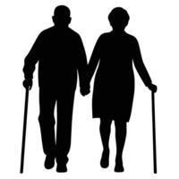 A silhouette depicts an elderly couple walking and holding hands, using canes for support vector