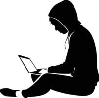 Isolated silhouette depicts a person in a hooded jacket sitting while using a laptop vector