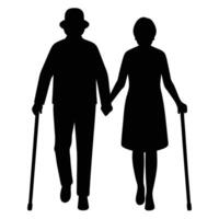 Elderly couple silhouette walks together holding hands while using canes for support and mobility vector