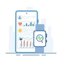 Health technology device concept. monitoring health and improving healthcare insights. smart watch and fitness tracker working with mobile app. Flat design illustration on background. vector