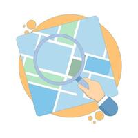 Location Search Concept. Map with Hand and Magnifying Glass. GPS Navigation. search location. Online map. map or direction to navigate or find position. Illustration Design. vector
