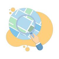 Location Search Concept. Map with Hand and Magnifying Glass. GPS Navigation. search location. Online map. map or direction to navigate or find position. Illustration Flat cartoon design on background. vector