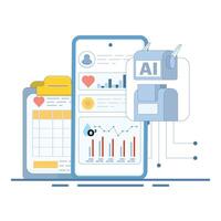 Smart watch and health tracker concept. AI based diagnostics. Algorithms analyzing health data. Medical insights in healthcare. Flat cartoon design illustration in the background. vector