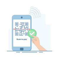 Payment concept using QR. Secure transaction. QR code payment integration for contactless payment and mobile payment. QR code for easy ordering and payment. Flat design illustration. vector