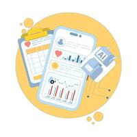 Smart watch and health tracker concept. AI based diagnostics. Algorithms analyzing health data. Medical insights in healthcare. Flat design illustration on background. vector