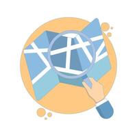 Location Search Concept. Map with Hand and Magnifying Glass. GPS Navigation. search location. Online map. map or direction to navigate or find position. Flat cartoon design illustration. vector