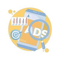 Mobile advertising strategy concept. native advertising and programmatic targeting for mobile devices. Advertising campaign. optimized mobile advertising. Cartoon illustration in the background. vector