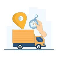 Fast Delivery Concept. Delivery Truck with Stopwatch and Location Symbol. fast and safe delivery. Package delivery with fast response. Flat design Illustration design on background. vector