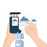 AI-powered chatbot concept for personalized shopping, enhanced customer experience, personalized product recommendations, e-commerce support. Flat cartoon design illustration. vector