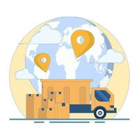 Global Shipping Concept. Worldwide export connections. Globe with Location Icons and Shipping Trucks. International distribution and global shipping services. Flat Design illustration on background. vector