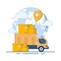 Global Shipping Concept. Worldwide export connections. Globe with Location Icons and Shipping Trucks. International distribution and global shipping services. Design Illustration on background. vector