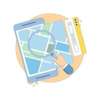 Location Search Concept. Map with Hand and Magnifying Glass. GPS Navigation. search location. Online map. map or direction to navigate or find position. Flat Design Illustration. vector