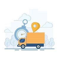 Fast Delivery Concept. Delivery Truck with Stopwatch and Location Symbol. fast and safe delivery. Package delivery with fast response. Illustration Design on background. vector