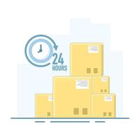 24 Hour Delivery Concept. Delivery Box with Timer. 24 hour clock with arrows. 24 hour fast delivery. Delivery for online shopping. Flat Illustration Design vector