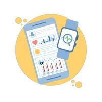 Health technology device concept. monitoring health and improving healthcare insights. smart watch and fitness tracker working with mobile app. Design illustration on background. vector