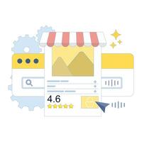 voice search concept. SEO optimization, digital assistant, voice search, improving product discovery and user engagement. optimized e-commerce product page. flat cartoon design illustration vector
