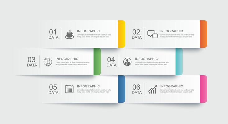 6 data infographics paper index template. Illustration abstract background.
