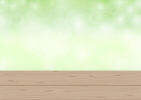 empty wood plank on bokeh light green background for product display, blank wooden table montage on bright bokeh green nature copy space, desktop counter wood board, front view of wooden surface desk vector