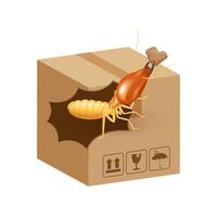 termite bites eat paper boxes brown isolated on white background, termites on cardboard boxes damaged, termites walking on corrugated case, termite on crate damaged box vector