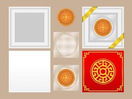 Chinese Moon Cake isolated on brown background with Box white and red, Plastic Tray, Inner Boxs for design package, set Packaging of Circle moon cake, Chinese traditional moon cake, Top view vector