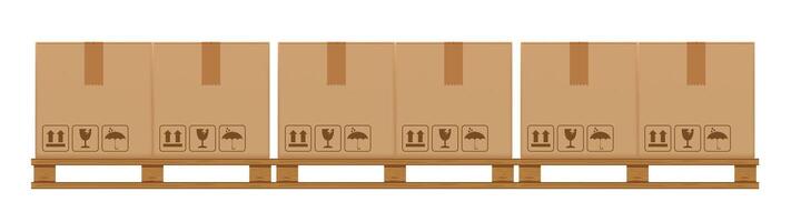 crate boxes on wooded pallet, wood pallet with cardboard box in factory warehouse storage, flat style warehouse cardboard parcel boxes stack, packaging cargo, 3d boxes brown isolated on white vector