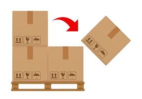 crate boxes on wooded pallet and symbol red arrow for product arrangement concept, stack cardboard box in factory warehouse storage, cardboard parcel boxes packaging cargo brown isolated on white vector