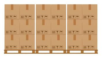 crate boxes on wooded pallet, wood pallet with cardboard box in factory warehouse storage, flat style warehouse cardboard parcel boxes stack, packaging cargo, 3d boxes brown isolated on a white vector