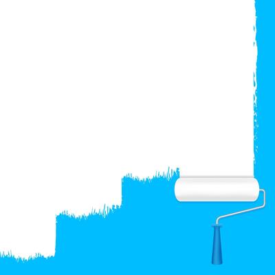 paint roller white on the blue wall for banner background and copy space text advertising, paint brush roller painted white on blue banner frame, blue area ad and paint brush roller