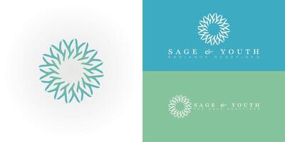The emblem is a sophisticated blend of the letters S and Y, seamlessly interwoven into a circular form that resembles a blossoming flower or sunburst symbols of beauty, renewal, and vitality. vector