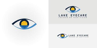 The unique emblem creatively incorporates a serene lake landscape within the shape of an eye. The iris features a sunset over tranquil waters with birds flying above, symbolizing natural clean peace vector