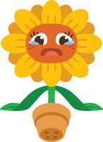 sunflower cartoon character is sad with both hands on the ground vector