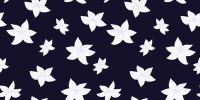 Seamless floral pattern with simple hand drawn white flowers on a black background. Ideal for fabric, wallpaper, packaging, and elegant design projects vector