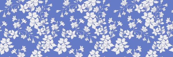 Elegant seamless pattern with blooming flowers and thin stems on a blue background. Nature ornament for fabric, wrapping paper, wallpaper, and textile design vector