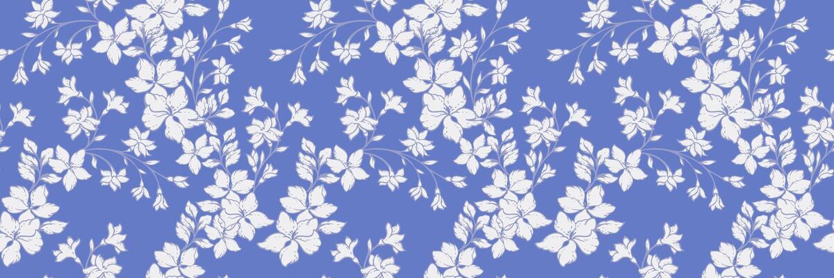 Elegant seamless pattern with blooming flowers and thin stems on a blue background. Nature ornament for fabric, wrapping paper, wallpaper, and textile design