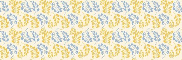Seamless pattern featuring stylized botanical branches with abstract leaves in shades of blue and yellow on a light background. Simple ornament for textiles, wallpapers, packaging, branding vector
