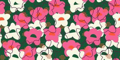 Seamless floral pattern with abstract hand drawn flowers in pink, white, and orange on a dark green background. The playful doodle-style lines create a modern, artistic, and vibrant composition vector