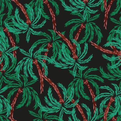 Seamless tropical pattern featuring hand drawn palm trees with green fronds and textured brown trunks on a black background. Perfect for summer designs, textiles, wallpapers, beachwear