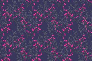 Seamless pattern with delicate botanical branches and pink berries on a deep violet background. Elegant and nature ornament, perfect for textiles, wallpapers, packaging, stationery designs vector