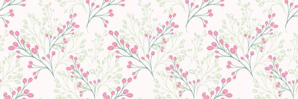 Seamless pattern with delicate botanical branches and pink berries on a soft light background. Elegant and modern floral ornament design, perfect for textiles, wallpapers, packaging, stationery vector