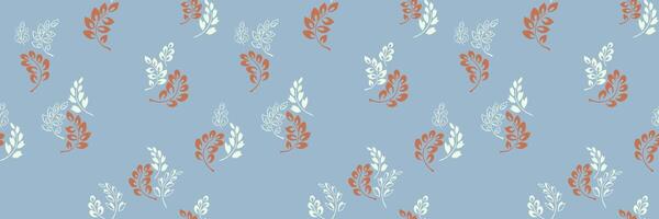 Seamless pattern with stylized tiny leaves on a muted blue background. Minimalist plain ornament and modern botanical design, perfect for textiles, wallpapers, stationery, branding, packaging vector