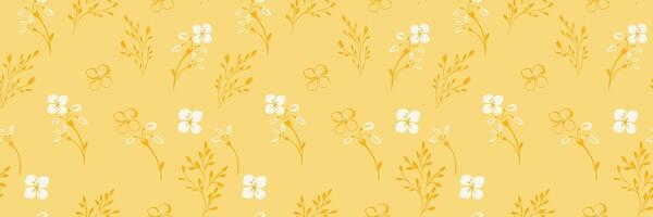 Seamless floral pattern with delicate hand drawn tiny stems, little leaves, and small flowers on a yellow background. Elegant and minimalistic, ideal for fabrics, stationery, wallpapers vector