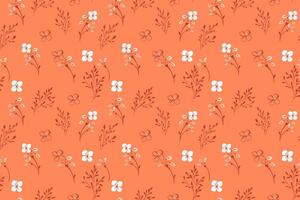 Seamless pattern with delicate tiny flowers branches on a orange background. Minimalist floral design with coral botanical elements. Perfect for textiles, wallpapers, wrapping paper, branding vector