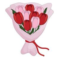 A charming bouquet of red and pink tulips wrapped in light pink paper. The base of the bouquet is tied with a red ribbon, which gives the bouquet a festive look. vector