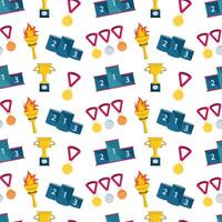 Seamless repeating pattern with various sports motifs on a white background. The steps of the podium for awarding the winners, gold trophies with a black base, torches with flames. vector