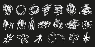 Set of scribble doodle elements. Hand drawn graphic shapes, line, circle, flowers. Various abstract white forms and symbols on black background. Doodle sketch style vector