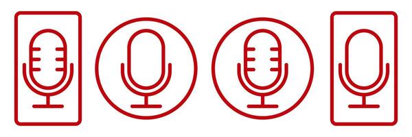 Red Microphone Icons Set. Editable Stroke. Voice Recording Symbols in Line Style for Audio, Podcast, Music, Speech, Broadcasting Design. Outline Mic in Circle and Square Frames for App and UI. vector