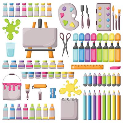 A large bright, colored set of elements and tools for the artist.
