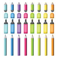 A set of colored markers and pencils. Elements of drawing tools. vector