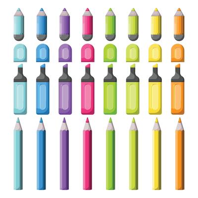 A set of colored markers and pencils. Elements of drawing tools.